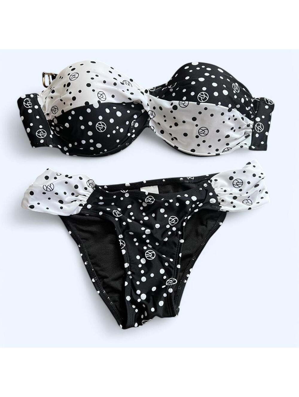 Vintage Y2K Top Melon polka dot bikini set black white small NWOT